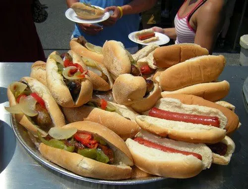 Platter of sausage sandwiches and hot dogs