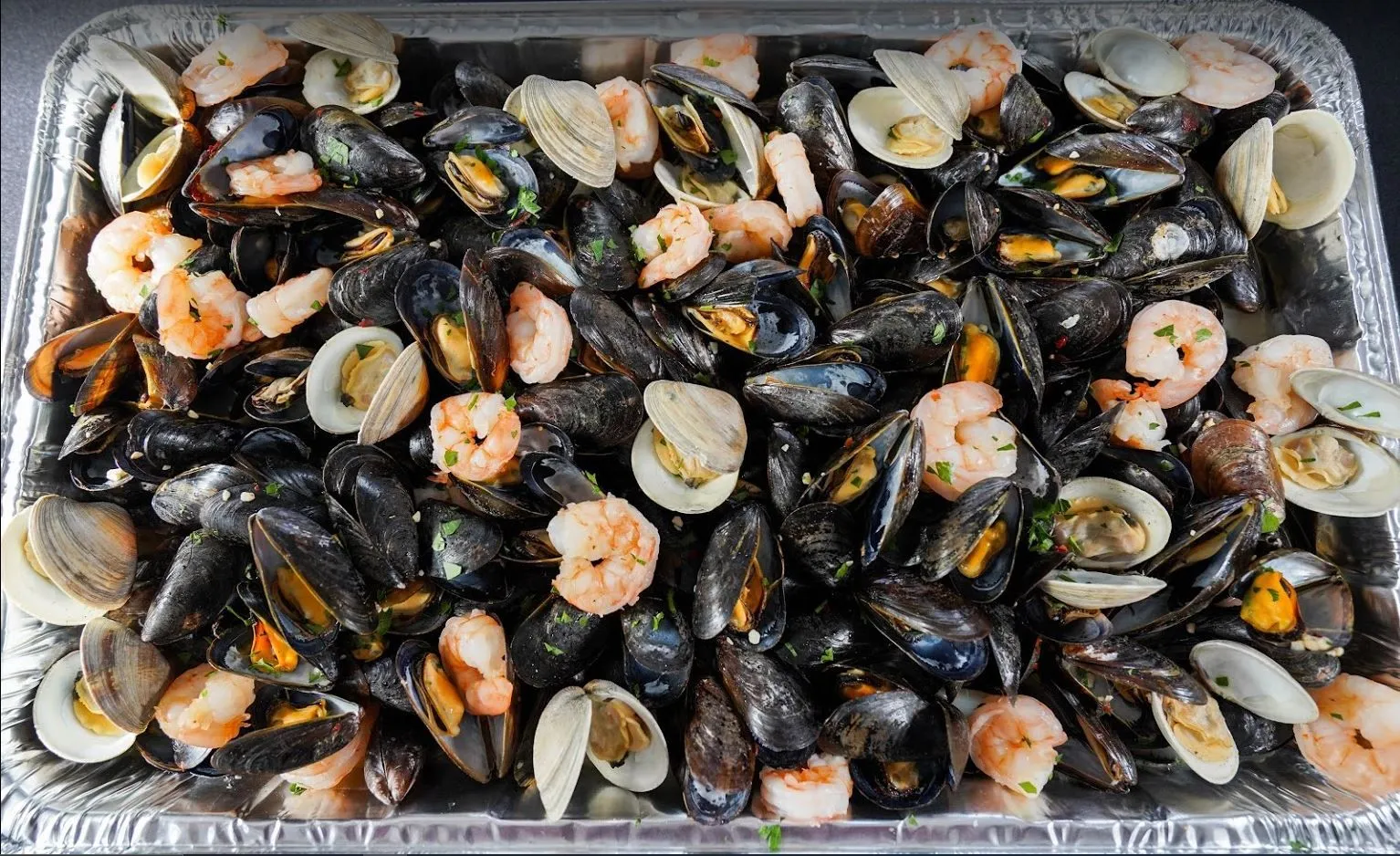 Seafood platter with mussels, clams, and shrimp